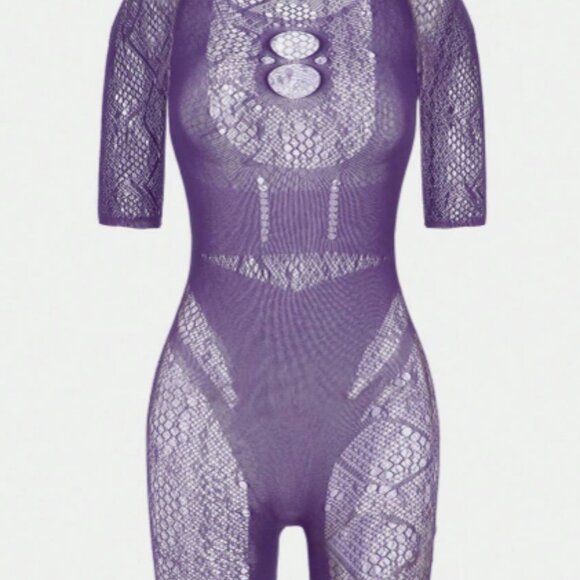 Purple Cut-Out Pattern Bodycon One Piece Fishnet Bodysuit - Picture 5 of 8